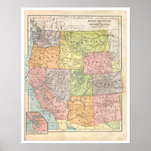 Pôster Mapa Vintage dos Estados Ocidentais