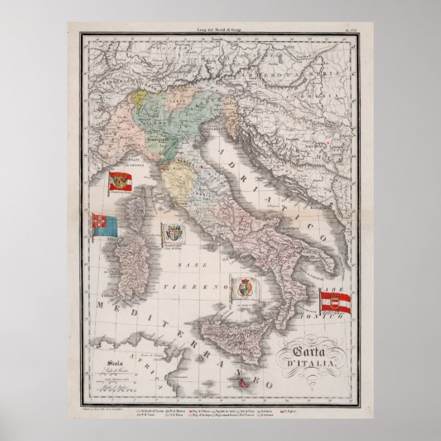 Poster Mapa Vintage Itália com Sinalizadores (1842) (Frente)