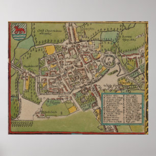 Pôster Mapa Vintge de Oxford England (1605)