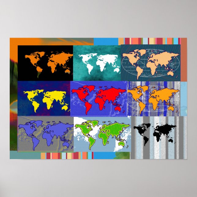 Poster mapas coloridos do mundo misto. (Frente)
