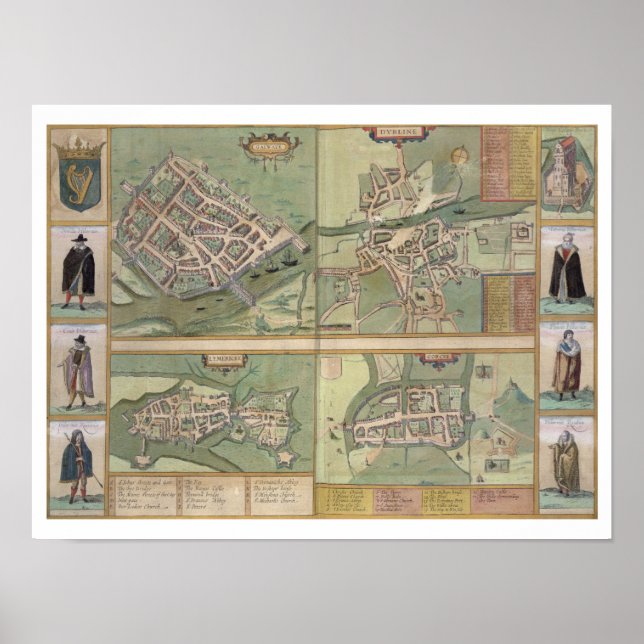 Poster Mapas de Galway, Dublin, Limerick e Cork, de " (Frente)