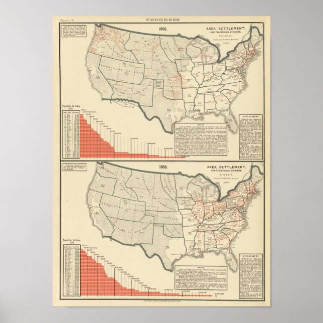 Pôster Mapas litográficos de duas cores dos Estados Unido (Frente)