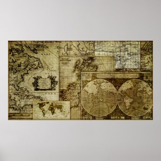 Pôster Mapas mundiais vintage, antigos e rústicos (Frente)