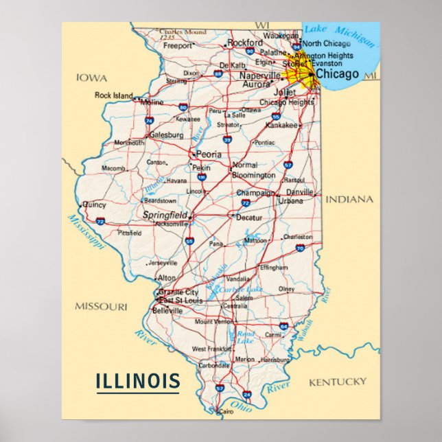 Poster Mapear Destino de Viagem Illinois para Casa ou Esc (Frente)