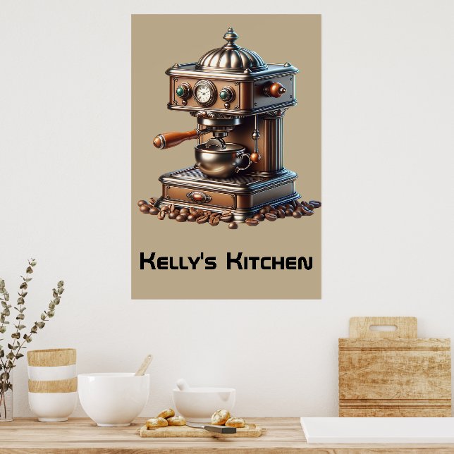 Poster Máquina de Café Antiga com Nome Personalizado (Cozinha)