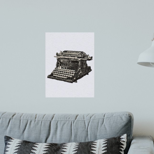 Pôster Máquina de Digitalização Velha e Negra Antica Vint (Illustration of black vintage manual typewriter from early 1900s on light grey wall art poster.)
