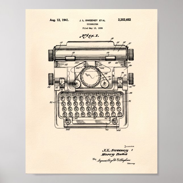 Poster Máquina de escrever 1941 Arte Patente - Antigo Pep (Frente)
