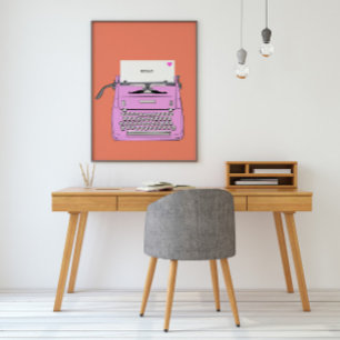 Poster Máquina de Escrever Retro Vintage Rosa e Laranja