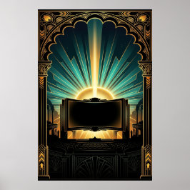 Poster Máquina de Pipoca de Cinema Art Deco Dourado e Azu