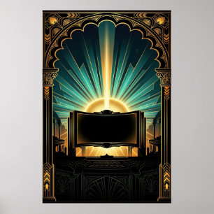 Poster Máquina de Pipoca de Cinema Art Deco Dourado e Azu
