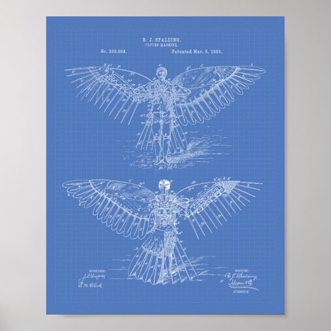 Poster Máquina voadora 1889 Arte patenteada - Blueprint (Frente)