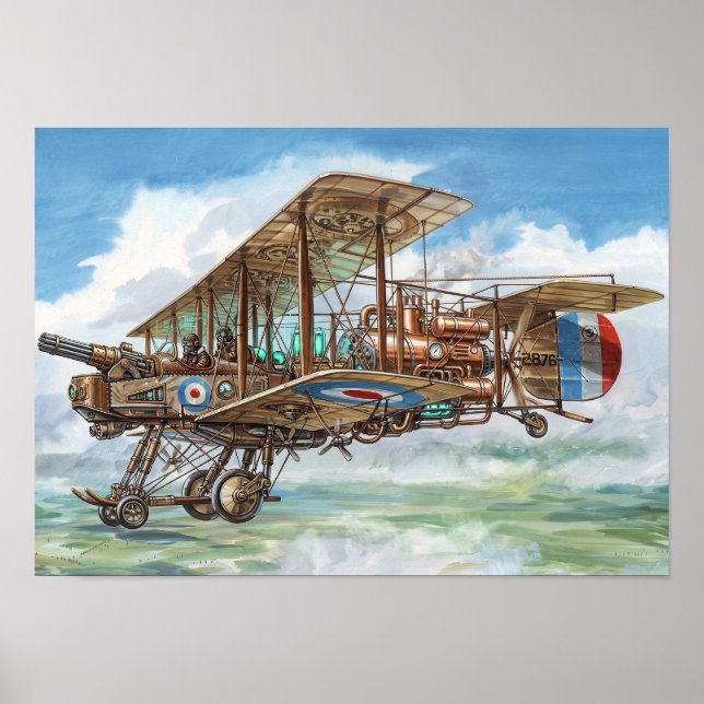 Poster Máquina Voadora Biplano Steampunk Vickers (Frente)