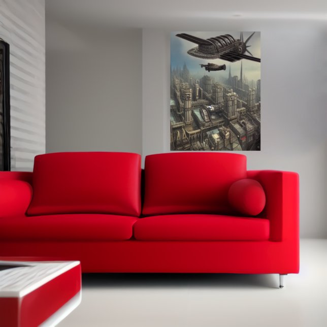 Poster Máquina voadora sobre um dieselpunk ci| AI Art Pos (Criador carregado)