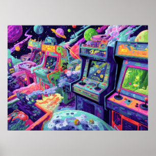 Poster Máquinas de Arcade Retrô no Espaço