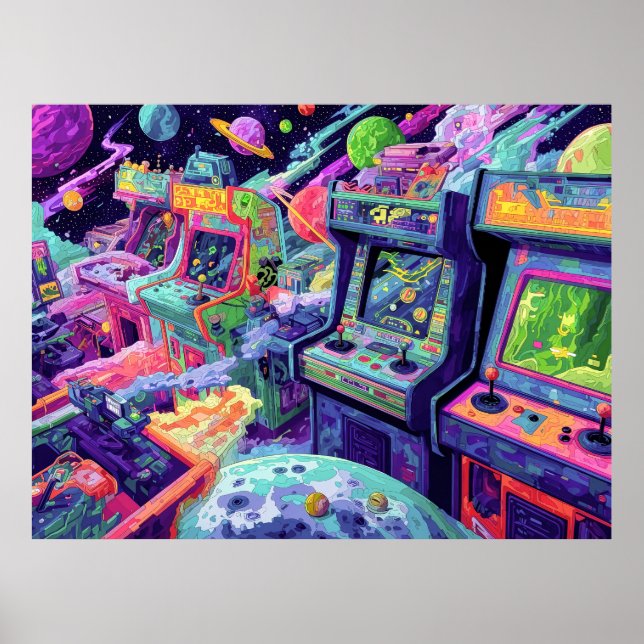 Poster Máquinas de Arcade Retrô no Espaço (Frente)