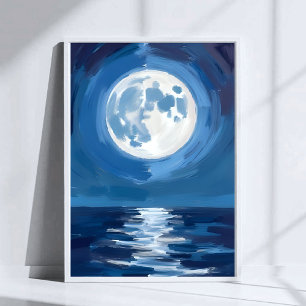 Poster Mar com Luar Reflexo em Aquarela da Noite no Oce