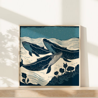 Poster Mar de Baleias Natureza Marinha Linocut Nova Escóc