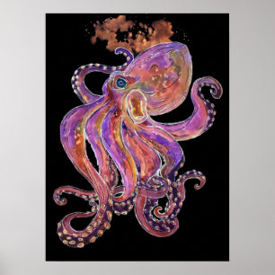 Poster Mar profundo roxo psicadélico Kraken