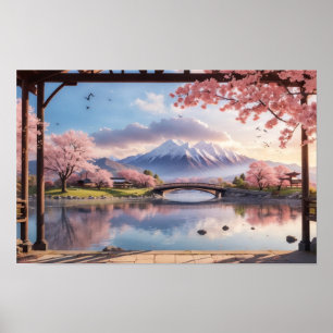 Poster Maravilhoso da Árvore Sakura Japonesa Sunset