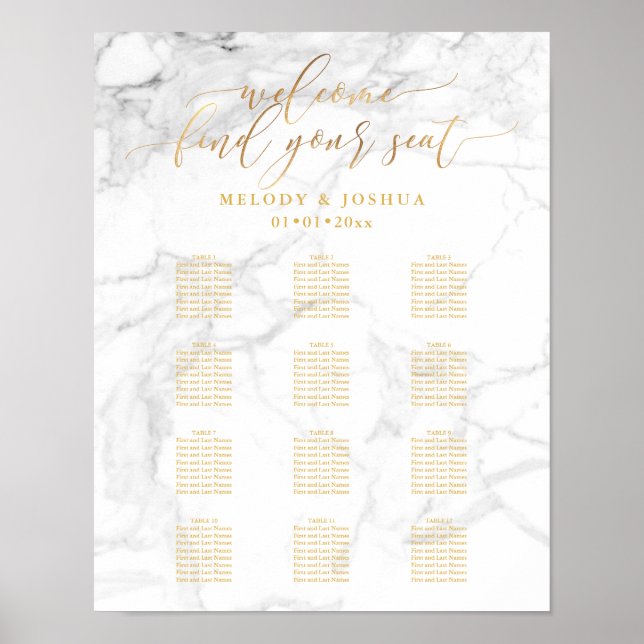 Pôster Marble+Faux Gold Script PixDezines Seating Chart (Frente)