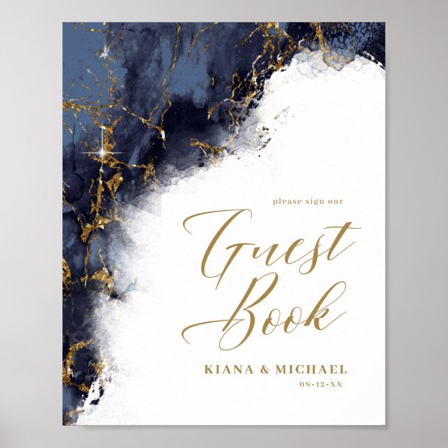 Poster Marble Glitter Wedding Guests Marinho Blue Dourado (Frente)