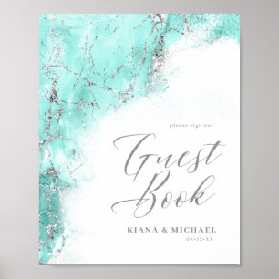 Poster Marble Glitter Wedding Guests Teal Silver ID644