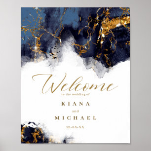 Poster Marble Glitter Wedding Welcome Blu Dourado ID644