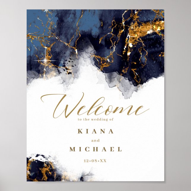 Poster Marble Glitter Wedding Welcome Blu Dourado ID644 (Frente)