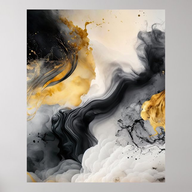 Poster Marble Preto e Dourado de Aquarela (Frente)