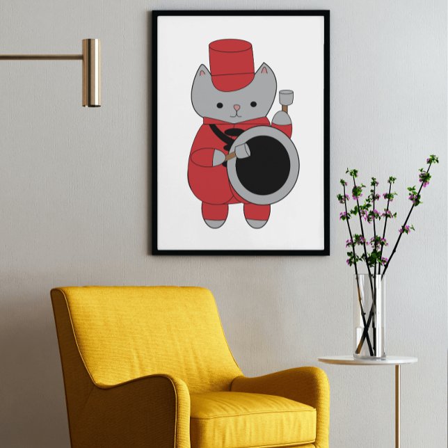 Poster Marching Banda Bass Drummer Cat Red and Black (A cute poster of a gray cat playing the bass drum while wearing a red & black marching band uniform.)
