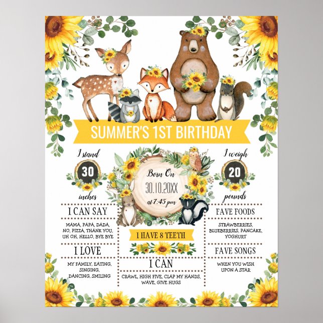 Poster Marco de 1º Aniversário de Animais do Bosque de Gi (Frente)