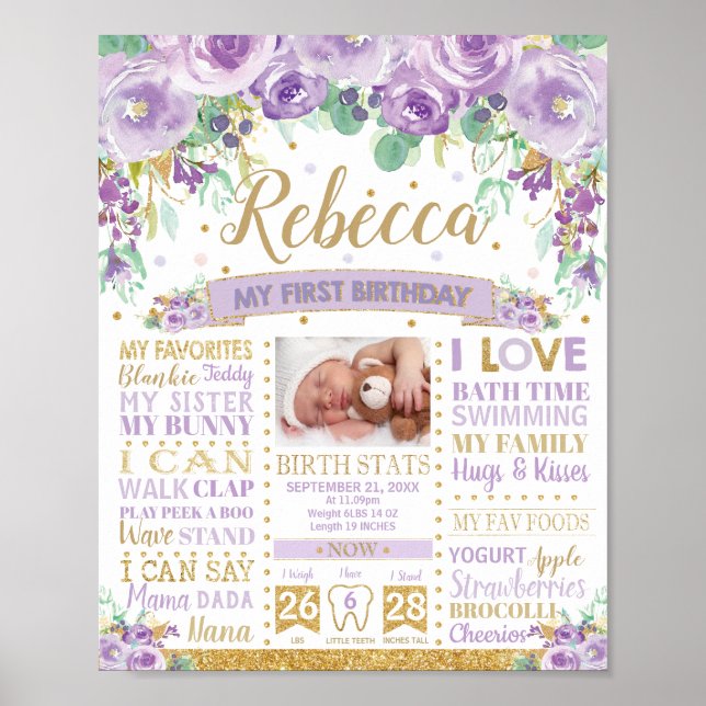 Poster Marco de 1º Aniversário Floral Roxo Estatísticas d (Frente)