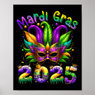 Poster Mardi Gras 2025 Máscara Penas Mardi Gras Family Co
