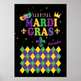 Poster Mardi Gras Carnaval Fleur de Lis Diamond Harlequin