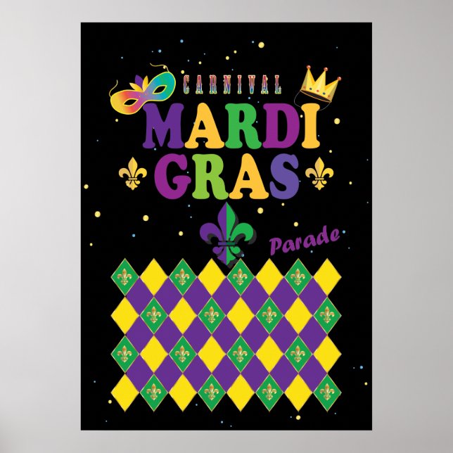 Poster Mardi Gras Carnaval Fleur de Lis Diamond Harlequin (Frente)