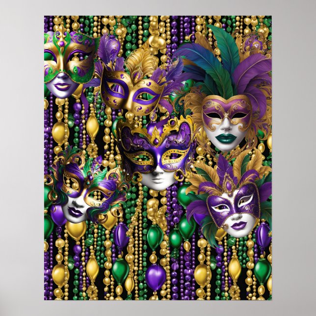 Poster Mardi Gras Carnaval Roxo Verde Máscara Miçanga Art (Frente)