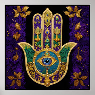 Poster Mardi Gras Dourada Roxo Verde Arte Hamsas