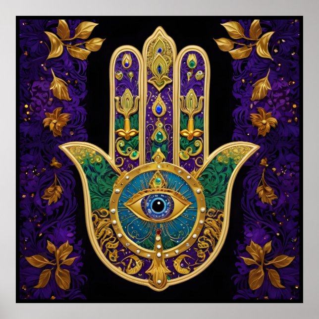 Poster Mardi Gras Dourada Roxo Verde Arte Hamsas (Frente)