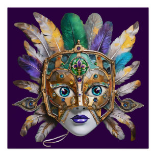 Pôster Mardi Gras Feather e Metal Mask