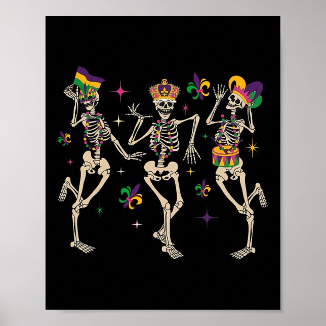 Poster Mardi Gras Funny Skeletons Dançando Carnaval (Frente)