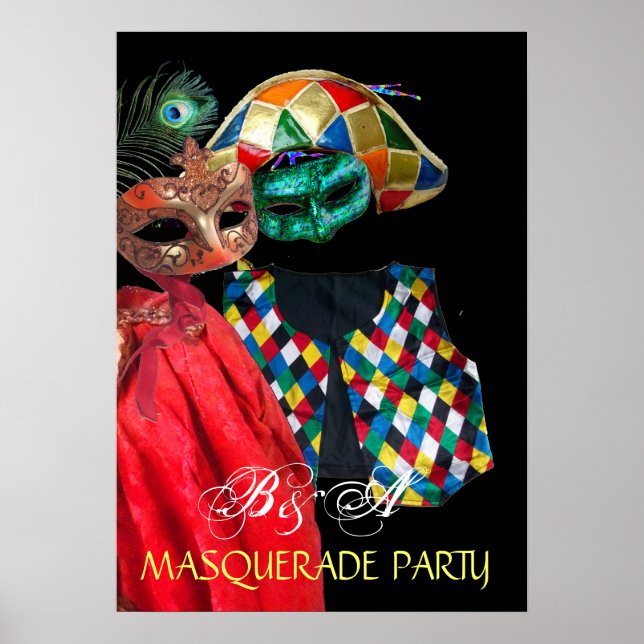 PÔSTER MARDI GRAS MASCARADA, HARLEQUIN COSTUME MONOGRAMA (Frente)