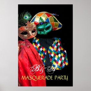 PÔSTER MARDI GRAS MASCARADA, HARLEQUIN COSTUME MONOGRAMA