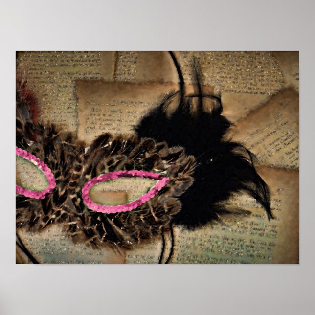 Poster Mardi Gras Mascarada Mask Pink Carnaval Antiquado (Frente)