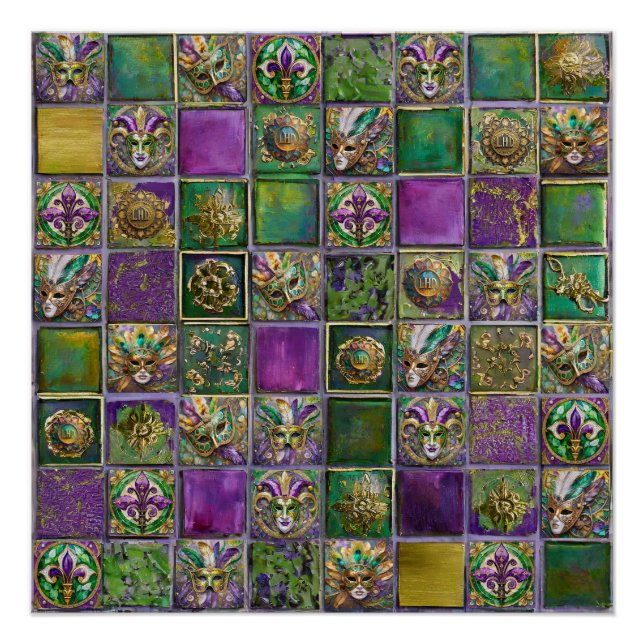 Pôster Mardi Gras Masks Feathers Fleur de lis Tile Print (Frente)