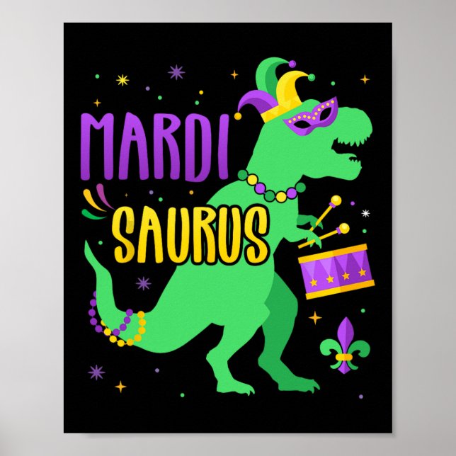 Poster Mardi Gras Saurus Dinosaur T-rex com Jester Joker (Frente)