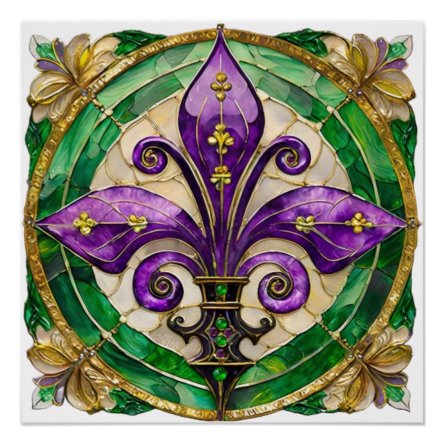Pôster Mardi Gras StainGlass Fleur de lis (Frente)