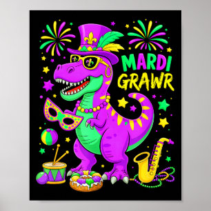 Poster Mardi Grawr T-rex Dino Mardi Gras Contas de Dinoss