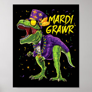 Poster Mardi Grawr T-rex Dinossaur Dino Mardi Gras Kids B