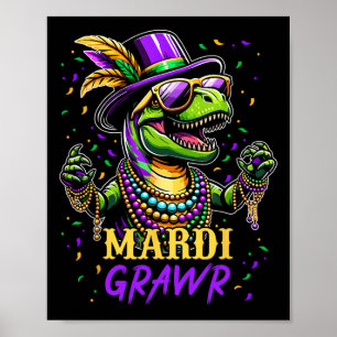 Poster Mardi Grawr T Rex Dinossaur Mardi Gras Bead Costum