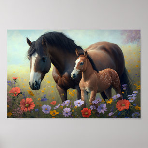 Poster Mare e Foal num Campo de Flores